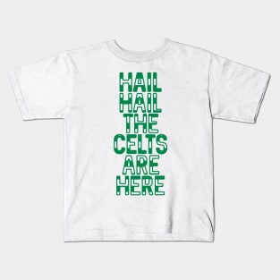 Hail Hail The Celts Are Here, Glasgow Celtic Football Club Green and White Striped Text Design Kids T-Shirt